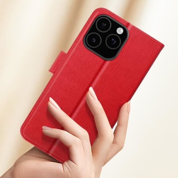 Plånboksfodral - AVIZAR - iPhone 16 Pro - Röd - Semi-hård - Klafffunktion för stativ Röd