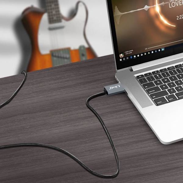Ljudkabel - LINQ - USB hane till 6,35 mm jack hane - Kvalitetsljud - Flätad nylon - 3 m grå