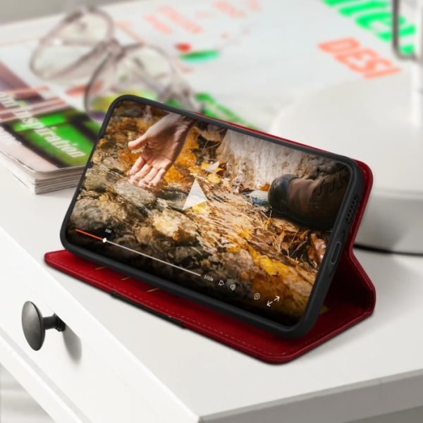 Fodral för Galaxy S23 plånbok och videoställ Röd tvåfärgad konstläder