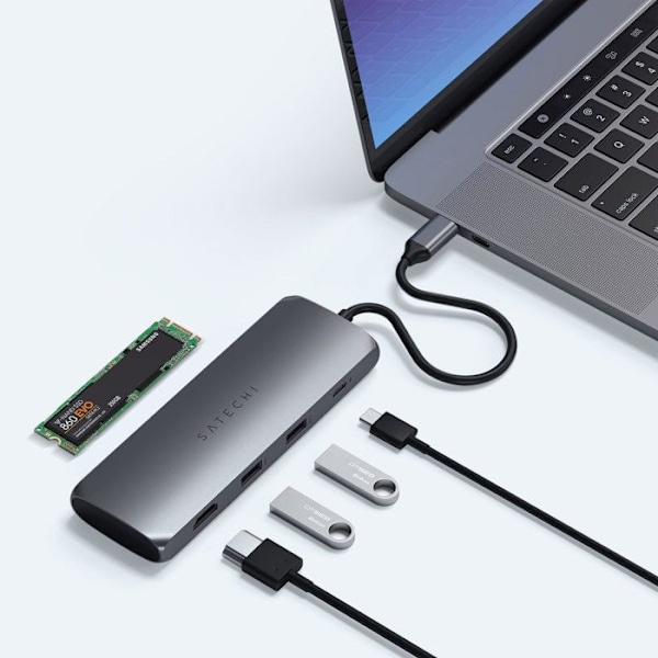 USB C-hub till HDMI 4K, SSD-hårddisk, 2 USB, USB C Satechi rymdgrå