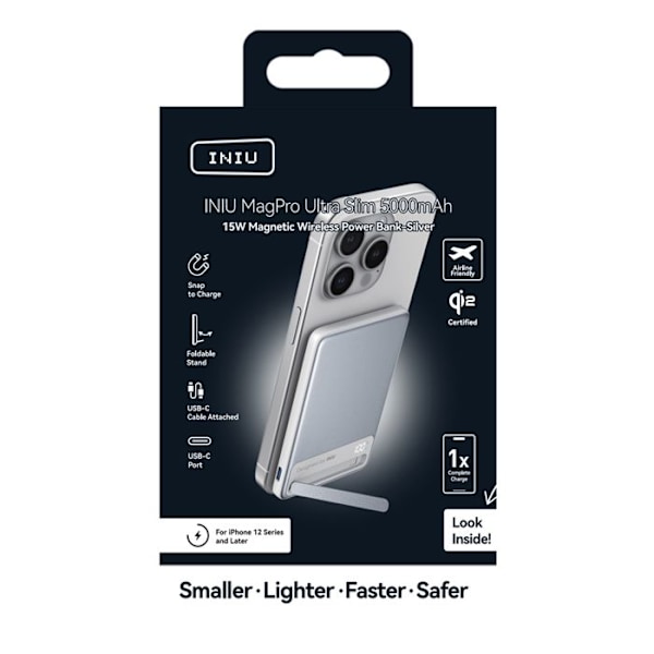 Magnettinen Powerbank 5000mAh iPhone MagPro USB-C Ultra Nopea Iniu Valkoinen Vit