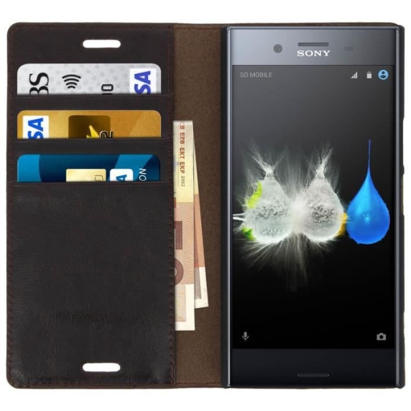 Xperia XZ Premium Case Cover Flip Wallet Ruskea Nahka - Jalustatoiminto