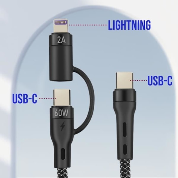 USB-C-kaapeli - FOREVER - 60 W - Punottua nailonia - 1 m - USB-C- ja Lightning-yhteensopiva Svart