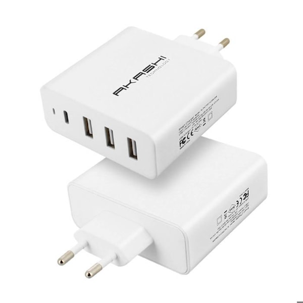 Vægoplader 45W 3x USB-porte 1x USB-C-port Sikker opladning Akashi Hvid Vit