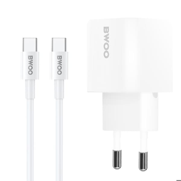 Laddare 30W GaN USB C med USB C / USB C-kabel 60W 1m Bwoo Vit