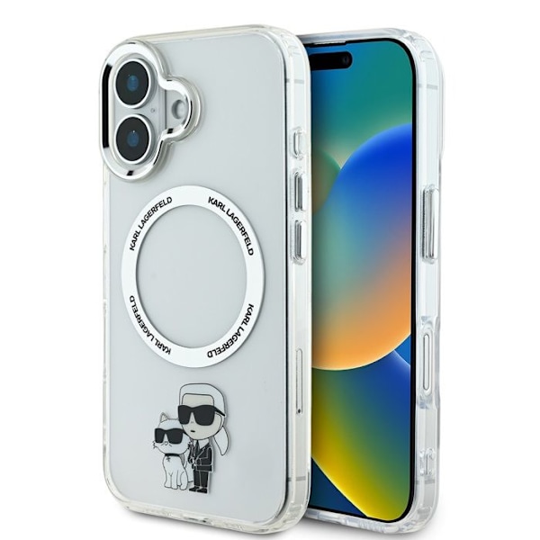 Coque för iPhone 16 Plus Tryckt Karl och Choupette Kompatibel med MagSafe Karl Lagerfeld Transparent Vit