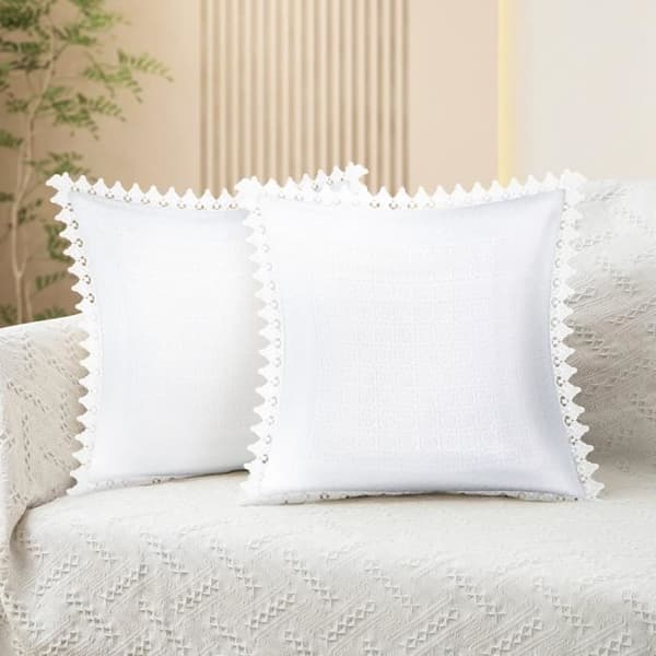 Kuddöverdrag - AVIZAR - 45x45 cm - Blommönstrad Kantsöm - Elegans - Inomhus Vit