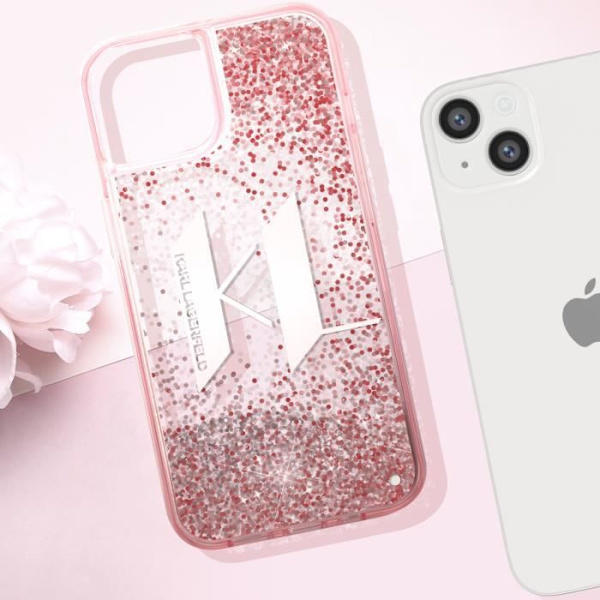 Fodral för iPhone 14 Plus Flytande glittermönster Förstärkta kanter Karl Lagerfeld Rosa Rosa
