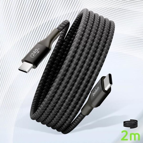 USB C-kabel - BELKIN - BoostCharge - 240W - 2m - Flettet nylon - Hurtig opladning Svart