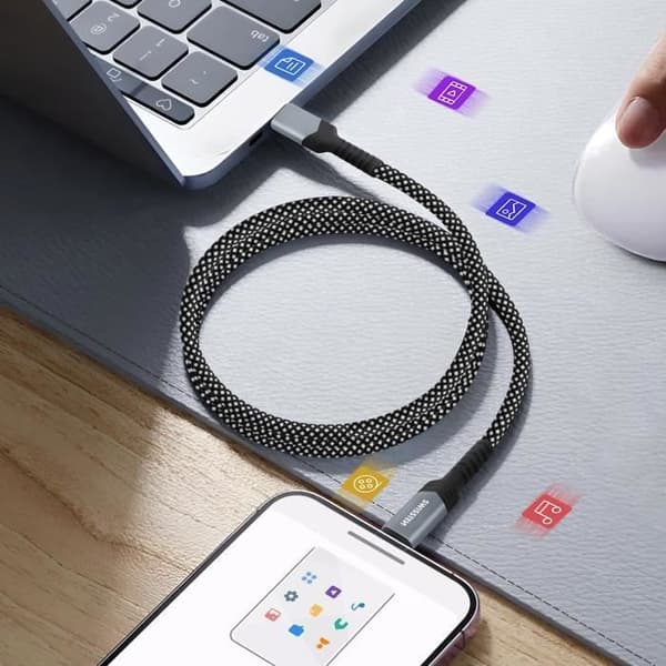 USB-C till Lightning-kabel 27W Automatisk lindningslängd 1m Swissten Black