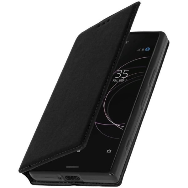 Housse Xperia XZ1 Compact - AVIZAR - Etui Portefeuille - Øko-læder - Sort - Støttefunktion Svart