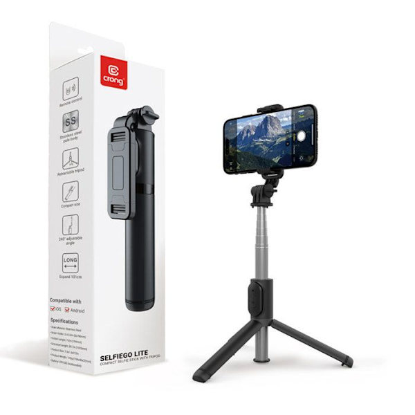 Crong SelfieGo Lite - Kompakt stativ til Bluetooth selfie-stang (Sort)