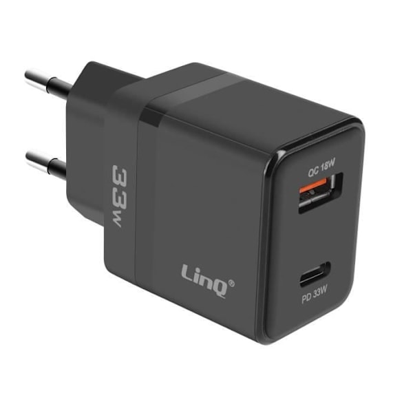USB-C Netoplader 33W + USB 18W Hurtigopladning Kompakt Design LinQ Sort Svart
