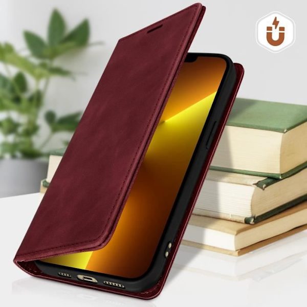 iPhone 13 Pro Max Etui - AVIZAR - Bordeaux Rød - Kunstlæder - Video Stander - Kort Opbevaring Röd