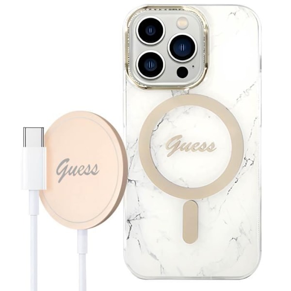 Pack för iPhone 14 Pro Max Marble Case och Guess 15W MagSafe Charger Vit Vit
