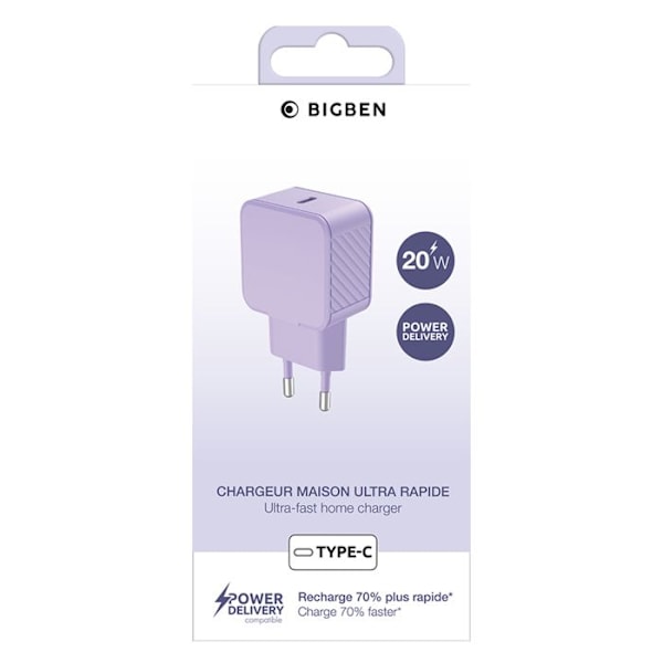 Strømforsyning - BigBen - USB-C oplader 20W - Power Delivery - Lilla - Intelligent beskyttelse Lila