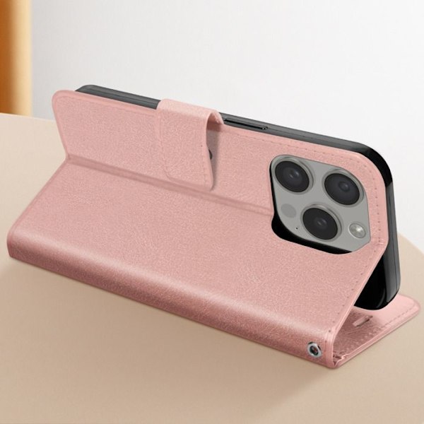 Etui til iPhone 15 Pro tegnebogsstativ funktion med håndledsrem Mayaxess Pink Champagne Rosa