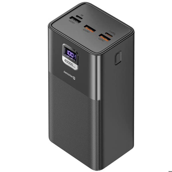 Nødstrømbatteri - SWISSTEN - Power Line Compact - 40000mAh - 100W - Sort Svart