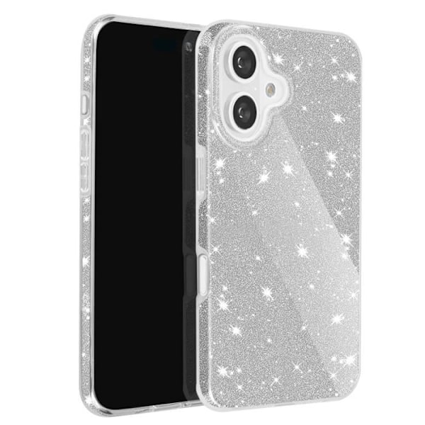 Silikonista ja polykarbonaattihopeasta valmistettu glitterkotelo iPhone 16 Plus -puhelimelle Grå