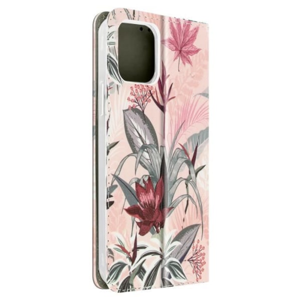 Tropical Flower Pattern iPhone 12 Mini Card Holder Stand Fodral – rosa rosa