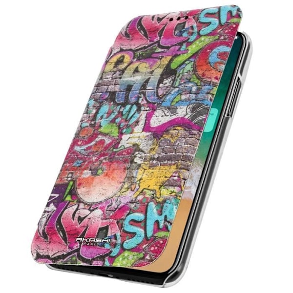 iPhone X Cover Pung Graffiti Klap Folio Akashi Multifarvet Flerfärgad