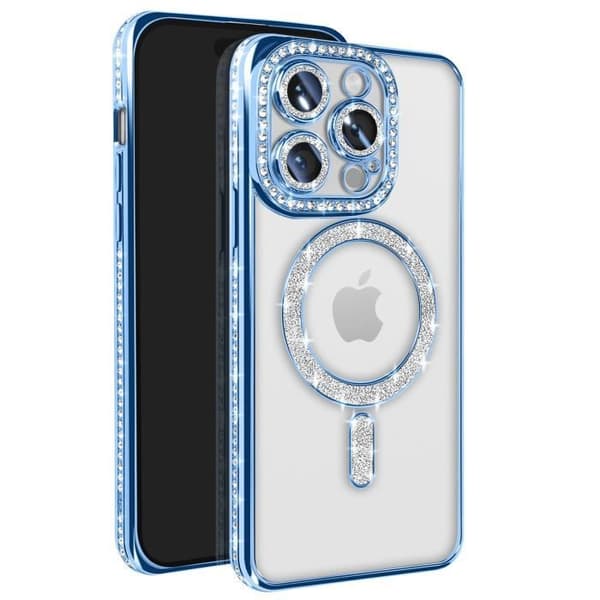 Coque - Diamant - iPhone 14 Pro - Blå Strass - Hård - Kompatibel med MagSafe Blå