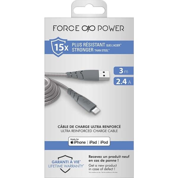 Mobiltelefonkabel Force Power Cable Ultra Forstærket USB-A/Lightning 3m Genbrugsgrå