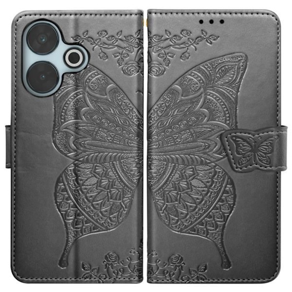Etui Pengebog med Håndledsrem i Sort til Xiaomi Redmi 13 - AVIZAR - Mandala Sommerfugl Mønster - Hel Beskyttelse Svart