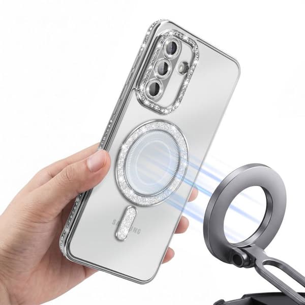Skydd för Galaxy A56 / A36 Kompatibel med MagSafe med Silver Strass Kant Grå