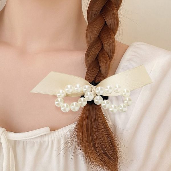 Satin Perle Subtil Beige Hår Elastik med Sløjfe beige