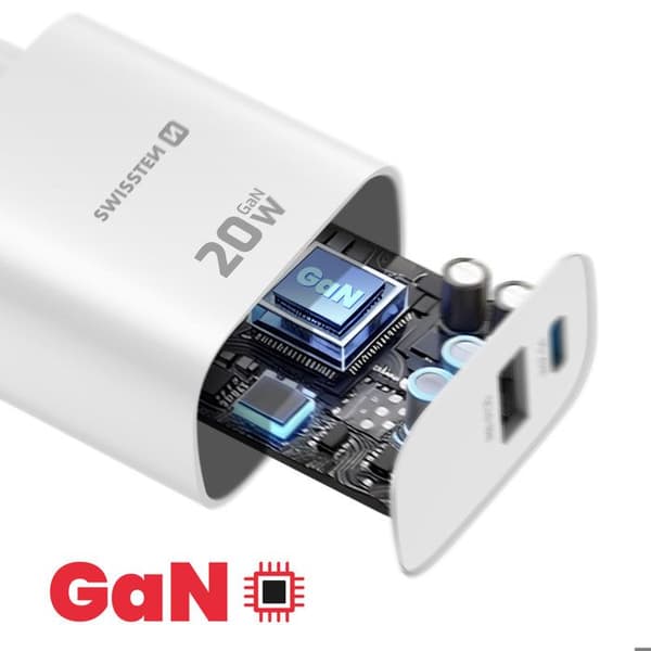 USB-C 20W Power Delivery og USB-A Quick Charge 3.0 18W Swissten Hvid Vit