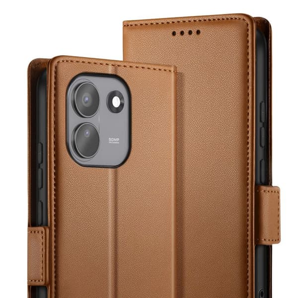Læderetui til Redmi Note 17 Pro Max Smart Book-serie med støtte i lys brun brun