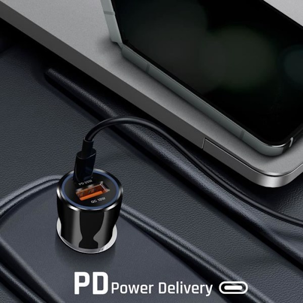USB-C autolaturi 25W + USB 18W Pikalataus Kompakti Design Blue Star Black Svart