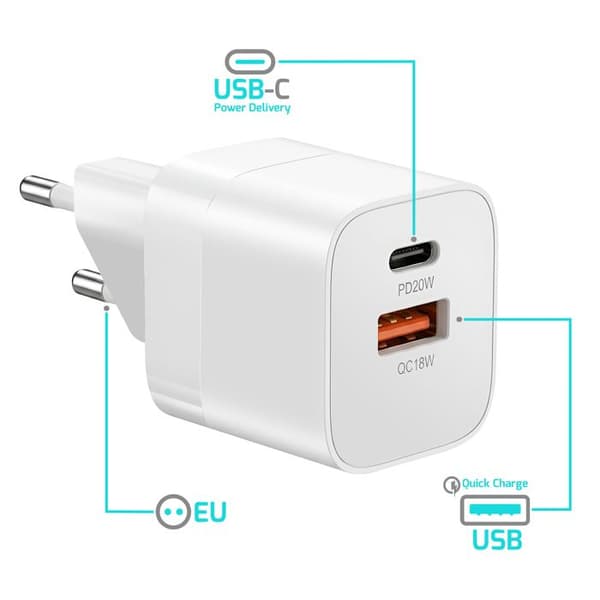 Snabb Universal Väggladdare Dubbel USB-C och USB 20W Bwoo Vit Vit