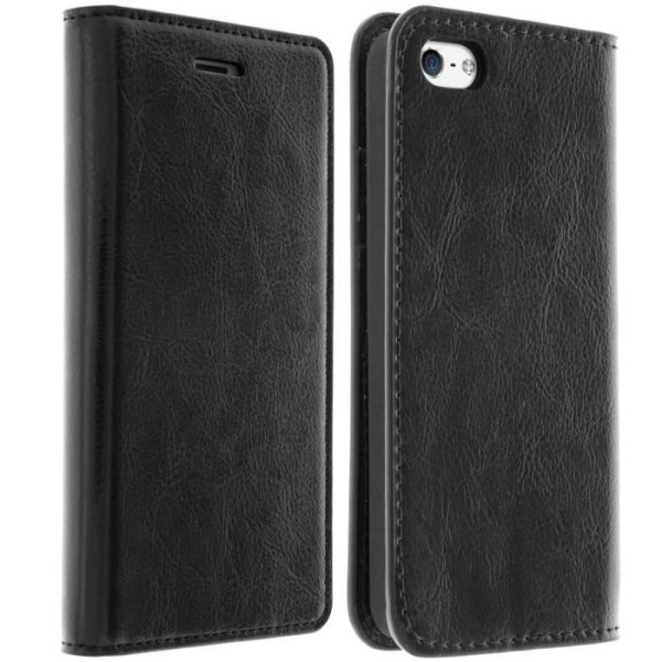 iPhone 5/5S/SE - Aito nahka - Musta - Tukitoiminto - Korttipaikat - Kova kuori Svart
