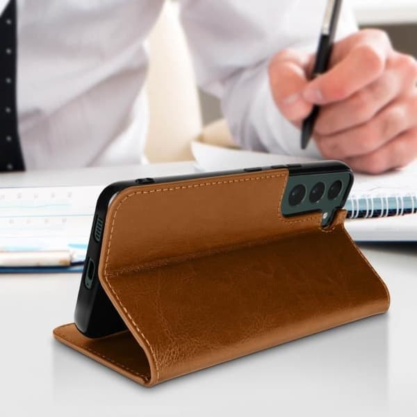 Galaxy S22 Folio Case Ægte læder kortholder Video Support - AVIZAR - camel - Rigid - Brun - Unisex kamel