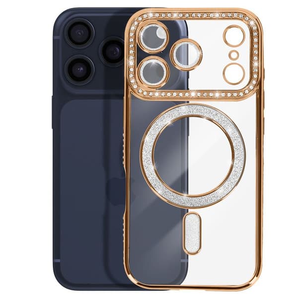 Skydd för iPhone 17 Pro Max - AVIZAR - MagSafe - Guldig kontur - Strass - Elegant skydd Gul
