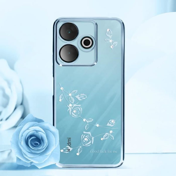 Silikonetui til Xiaomi Redmi 13 glitterblomster og lyseblå rhinsten Blå