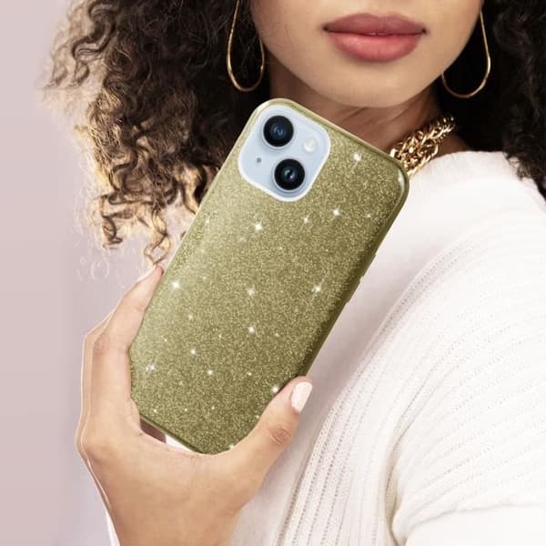 Skyddsfodral - AVIZAR - iPhone 14 Plus - Halvstyvt silikon - Glittrande design - Gul Guld