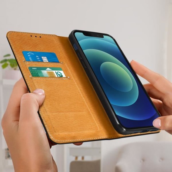 iPhone 12/12 Pro-etui - Ægte Læder - Video Støtte - Kort Opbevaring - Sort Svart