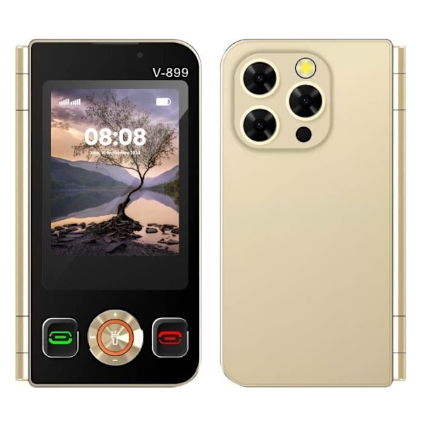 Fällbar 2G mobiltelefon med dubbelskärm, dubbla SIM-kort, 1350mAh batteri, Guld. Gul