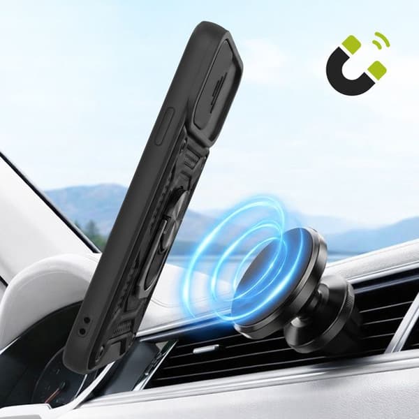 iPhone 11 Cover med Skydelåg til Objektiv og Magnetisk Støtte Ring Mayaxess Sort Svart