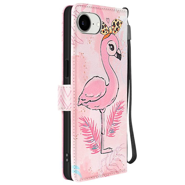 iPhone 16:lle suunniteltu flamingokuviollinen kuori, jossa on hihna ja vaaleanpunainen korttitasku Rosa