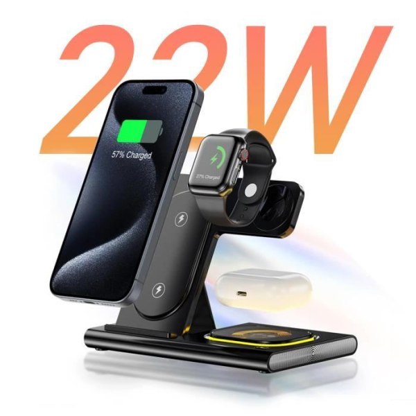 3-i-1 Opladningsstation - LinQ - MagSafe 15W - Oplader til iPhone, AirPods, Apple Watch - Sort Svart