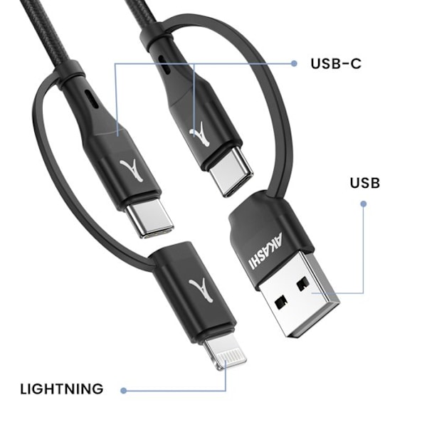 4-i-1 USB-C og USB til USB-C og Lightning Opladning 20W 1m Akashi Sort Svart