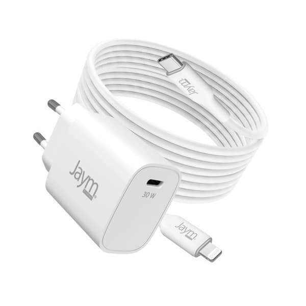 USB-C 30W PD / PPS Väggladdare med USB-C till Lightning MFi 2m Kabel Jaym Vit
