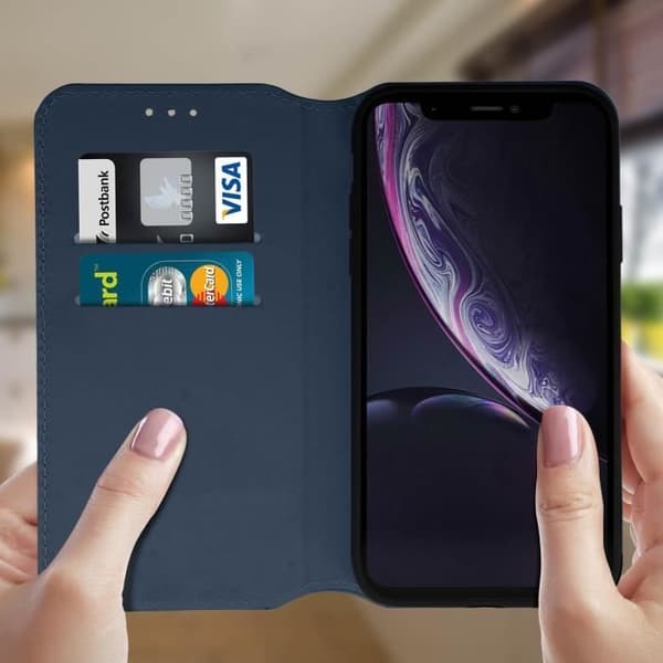 Housse iPhone XR - AVIZAR - Etui folio - Ekologiskt läder - Mörknatt - Ställfunktion Midnattsblå