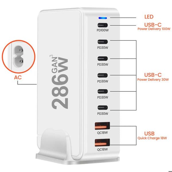 Ladestation - AVIZAR - 286W GaN 3 - 6x USB-C - 2x USB - EU stik Hvid Vit