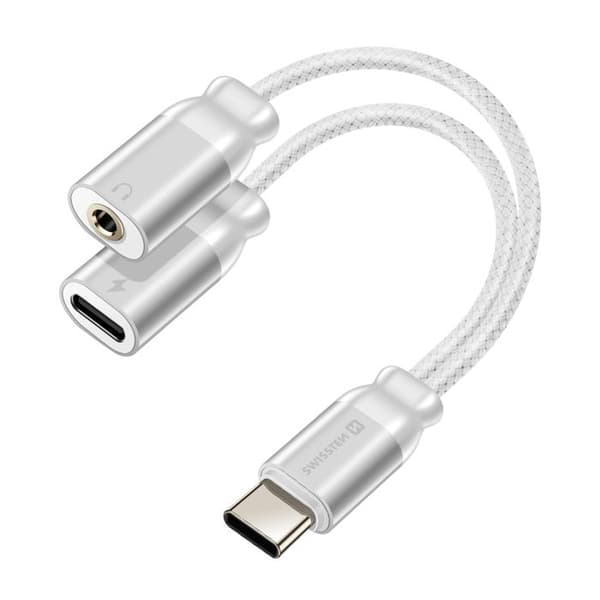 USB-C-adapter - 2-i-1 - Ljud 3.5mm - Samtidig laddning - Vit vävd nylon
