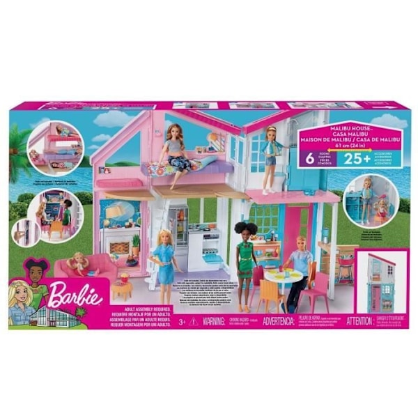 Barbie - Malibu House - 6 huoneen nukketalo 2 kerroksella - Yli 25 asustetta - Alkaen 3 vuotta vanha Vaaleanpunainen